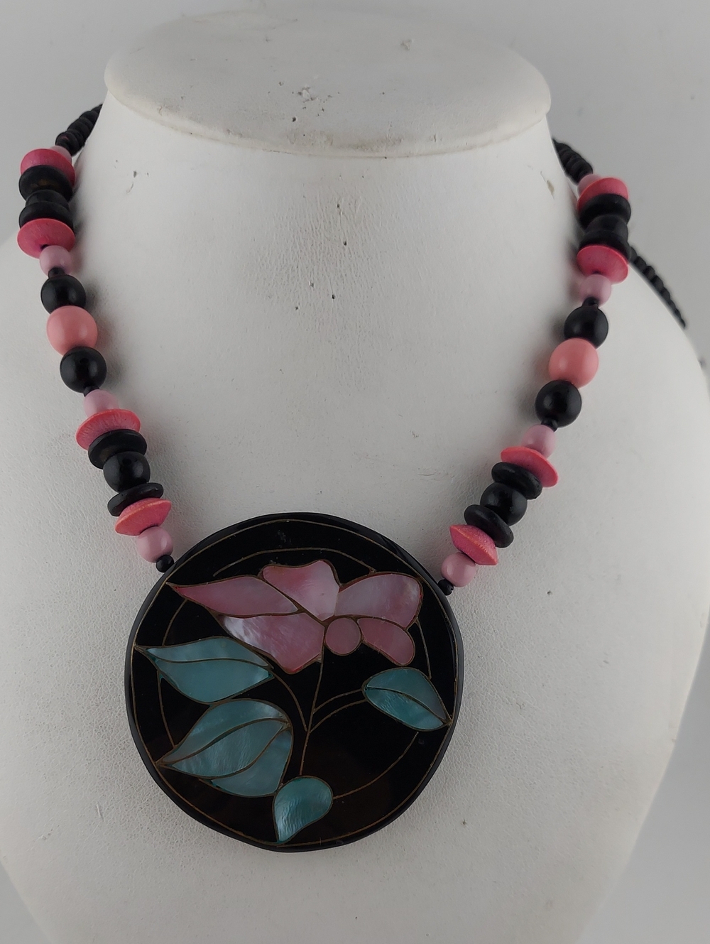 Vintage Pink & Teal Floral Inlay Necklace
